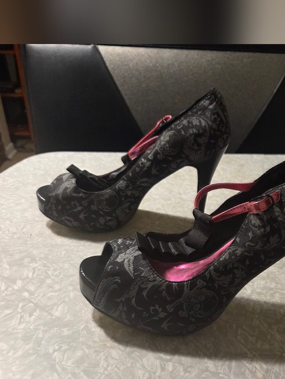 Iron Fist Isabel Inquistion Black Patterned Peep-Toe Heels with Pink Interior